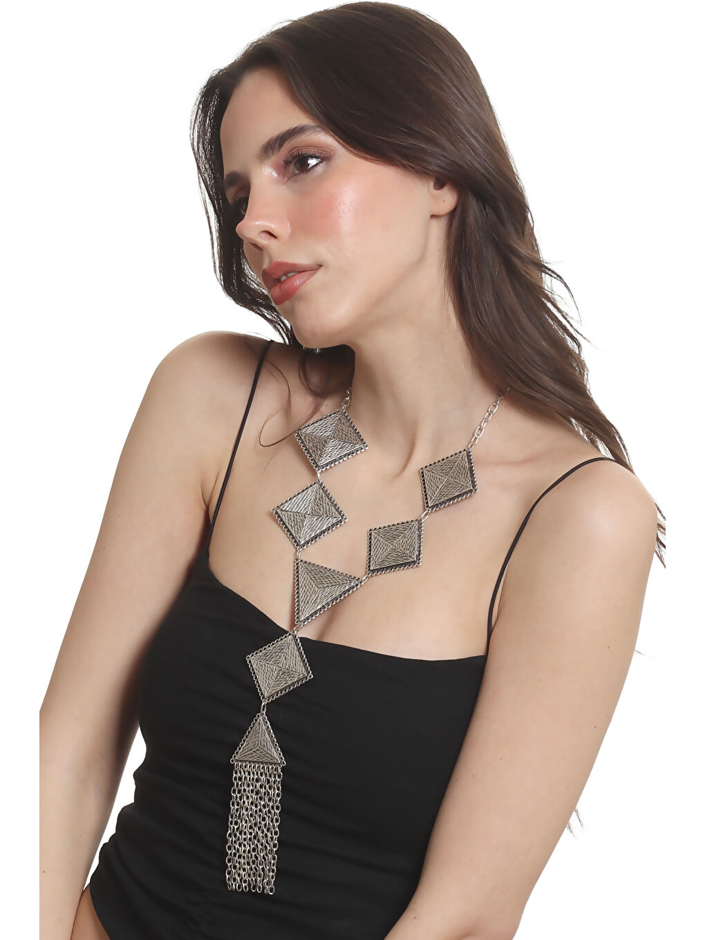 Gri Kadın Antik Gümüş Kaplama Geometrik Parçalı Püsküllü Tasarım Kolye-2