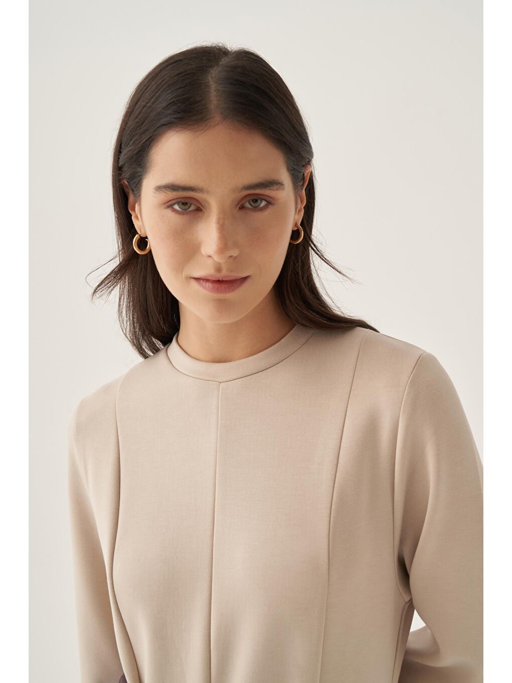 Bej Taş-Yumuşak Dokulu Parçalı Elbise-4