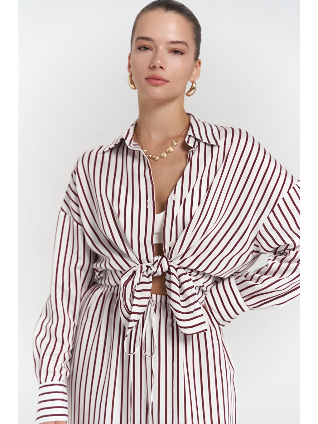 Beatrix Bordo Çizgili Ekru Gömlek Pantolon Takım-4