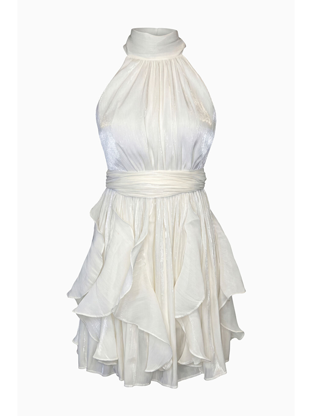 Kadın Ekru Halter Yaka Volanlı Mini Mezuniyet Elbise-5