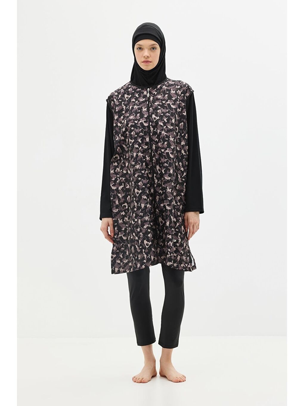 Büyük Beden Paraşüt Kumaş Fermuarlı 4'Lü Tesettür Mayo 1403 Siyah-3