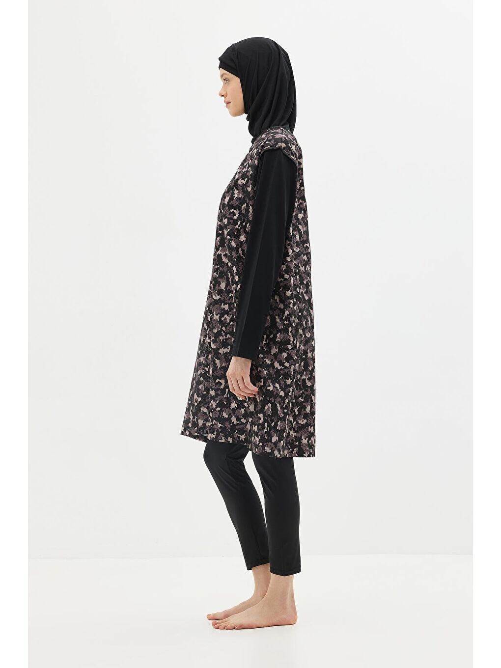 Büyük Beden Paraşüt Kumaş Fermuarlı 4'Lü Tesettür Mayo 1403 Siyah-5