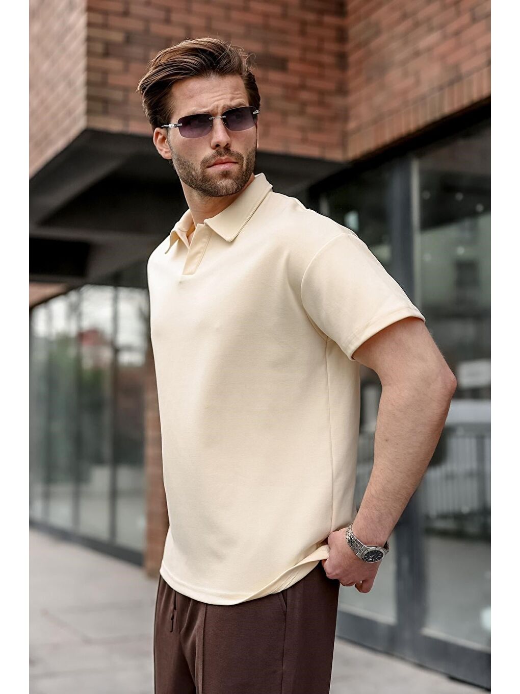 Bej Polo Yaka Oversize Erkek Tişört E7185-1