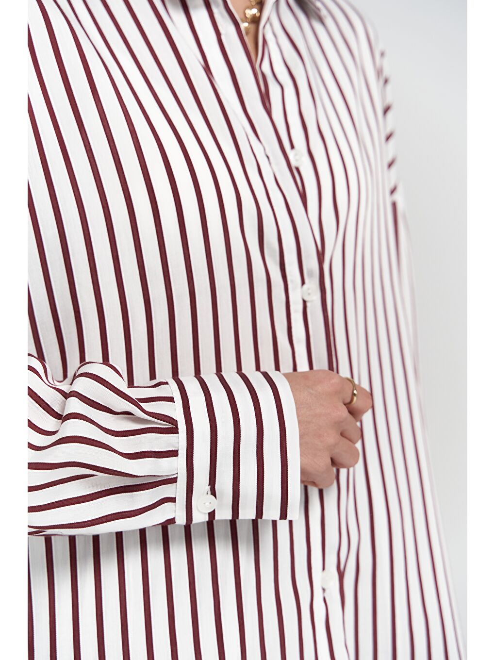 Beatrix Bordo Çizgili Ekru Gömlek Pantolon Takım-5