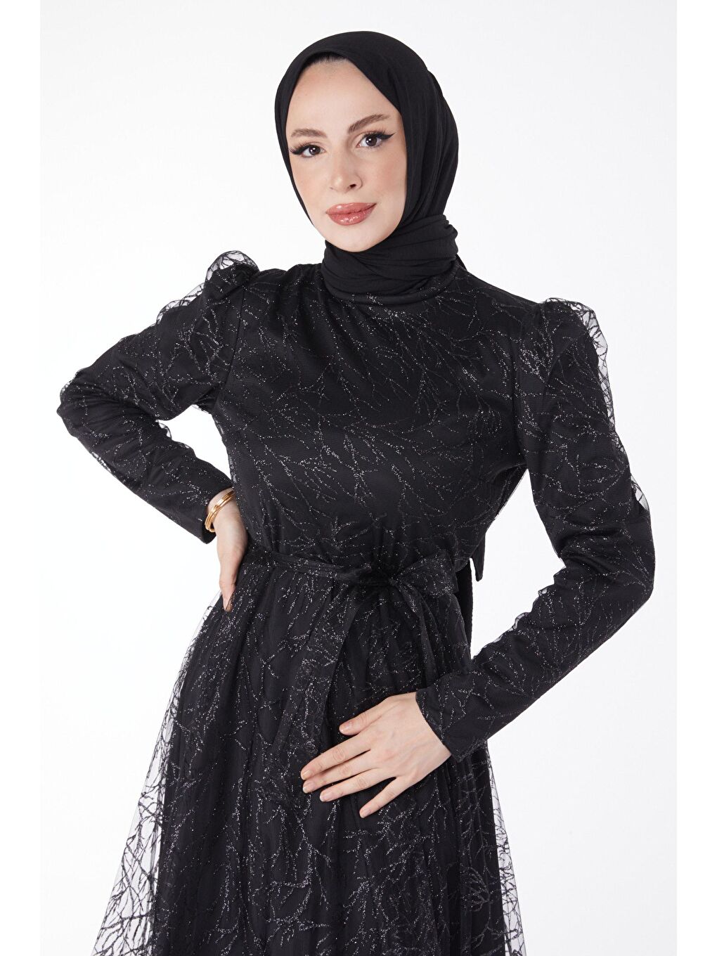 Hakim Yaka Kadın Siyah Işıltılı Simli Abiye Elbise - 24822-2