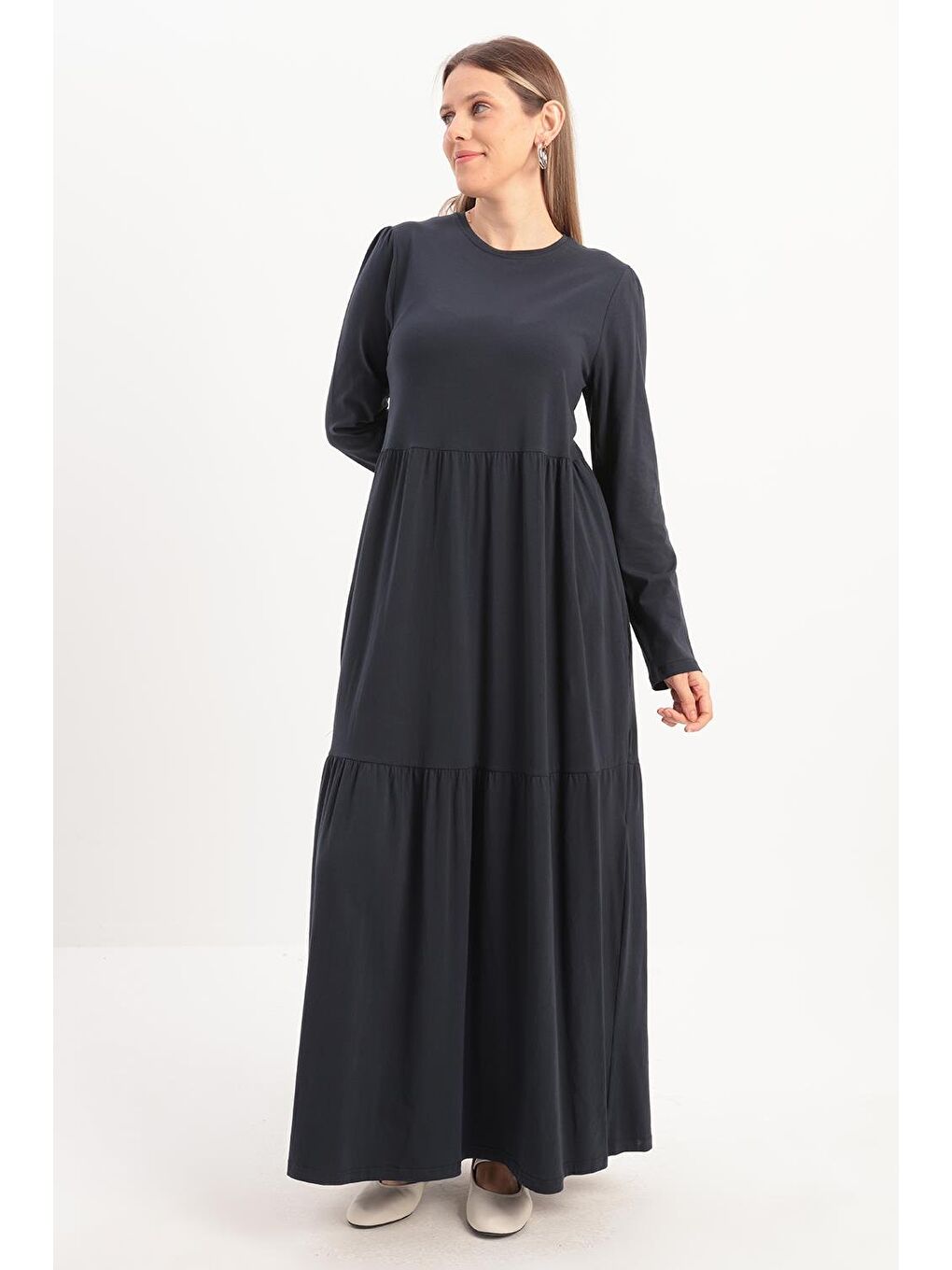 İndigo Pamuklu Fırfırlı Cepli Elastanlı Penye Elbise