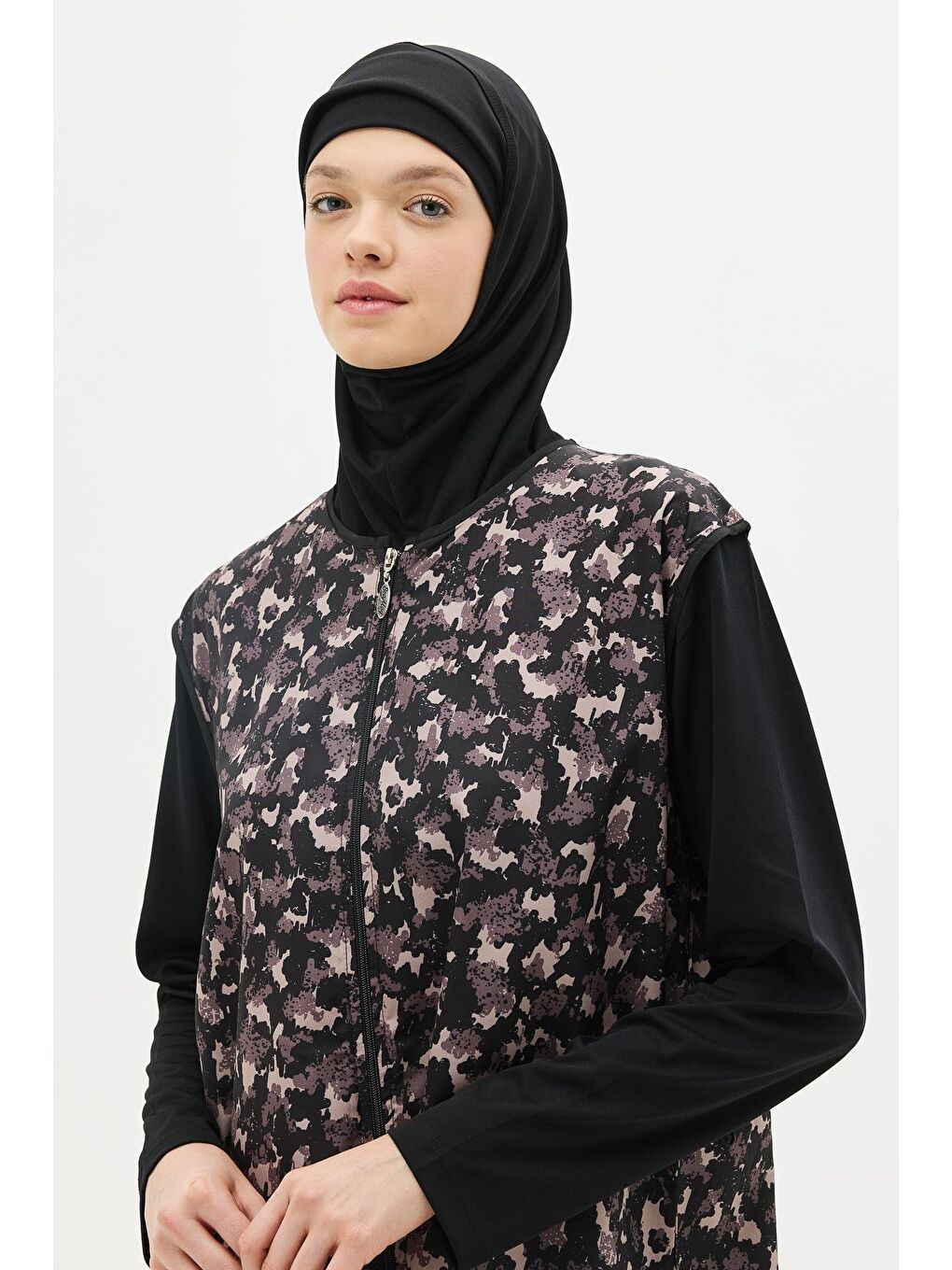 Büyük Beden Paraşüt Kumaş Fermuarlı 4'Lü Tesettür Mayo 1403 Siyah-8
