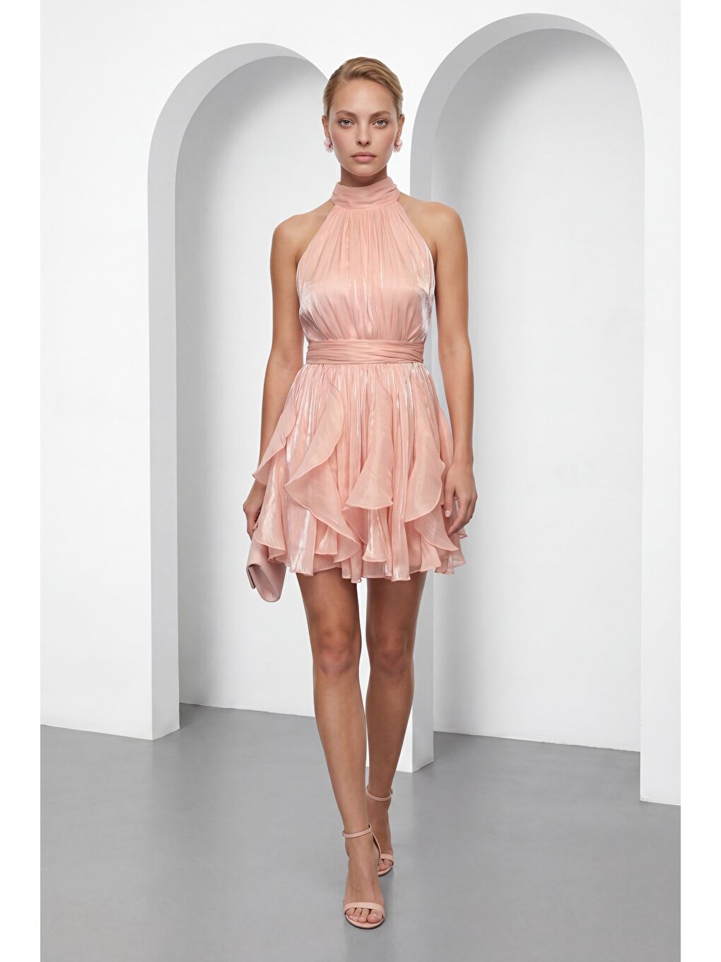 Pembe Kadın Pudra Halter Yaka Volanlı Mini Mezuniyet Elbise