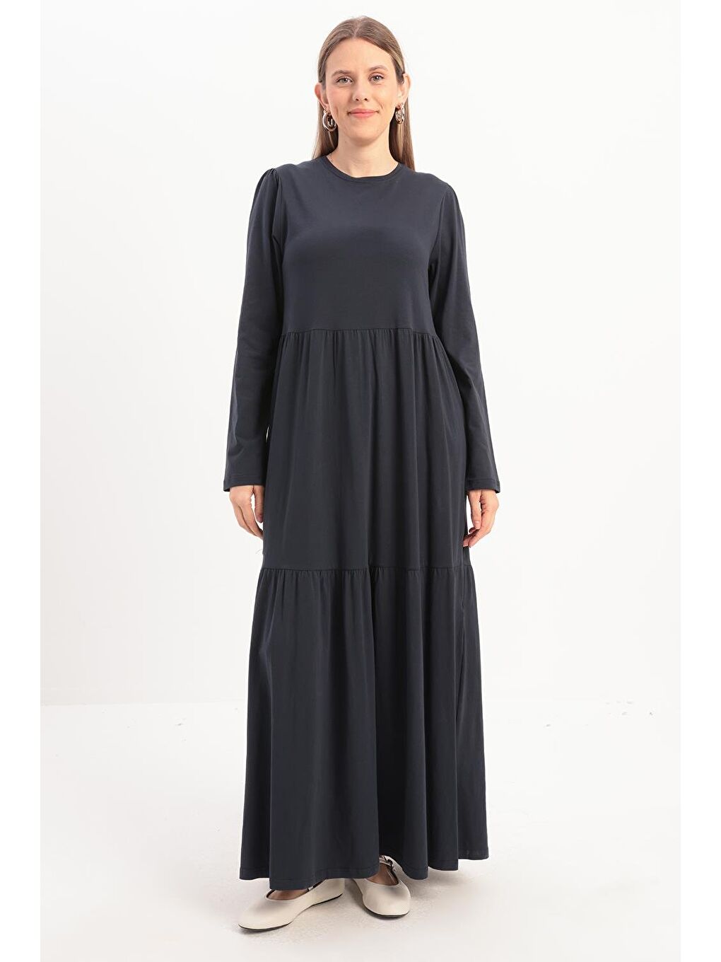 İndigo Pamuklu Fırfırlı Cepli Elastanlı Penye Elbise-1