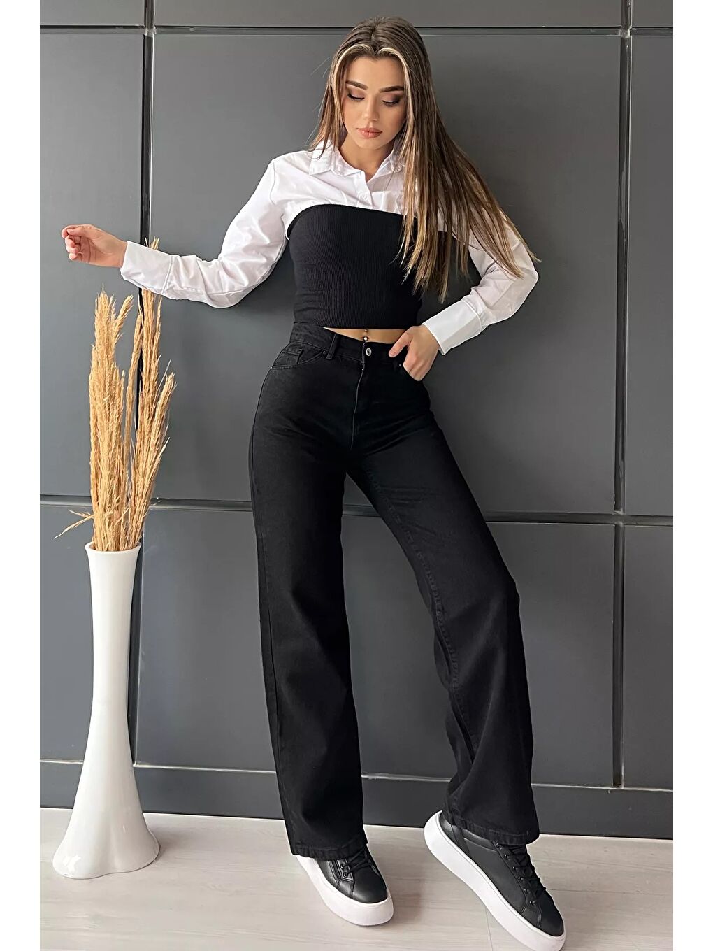 Siyah Kadın Bol Paça Yüksek Bel Jean Pantolon