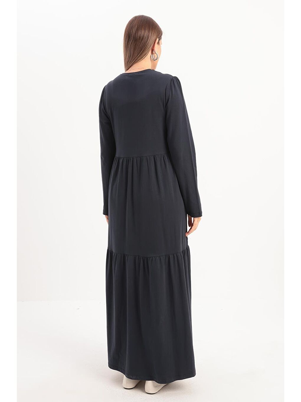 İndigo Pamuklu Fırfırlı Cepli Elastanlı Penye Elbise-3