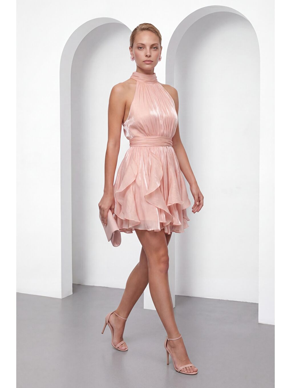 Pembe Kadın Pudra Halter Yaka Volanlı Mini Mezuniyet Elbise-1