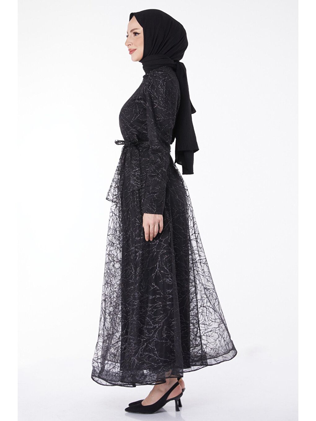 Hakim Yaka Kadın Siyah Işıltılı Simli Abiye Elbise - 24822-3