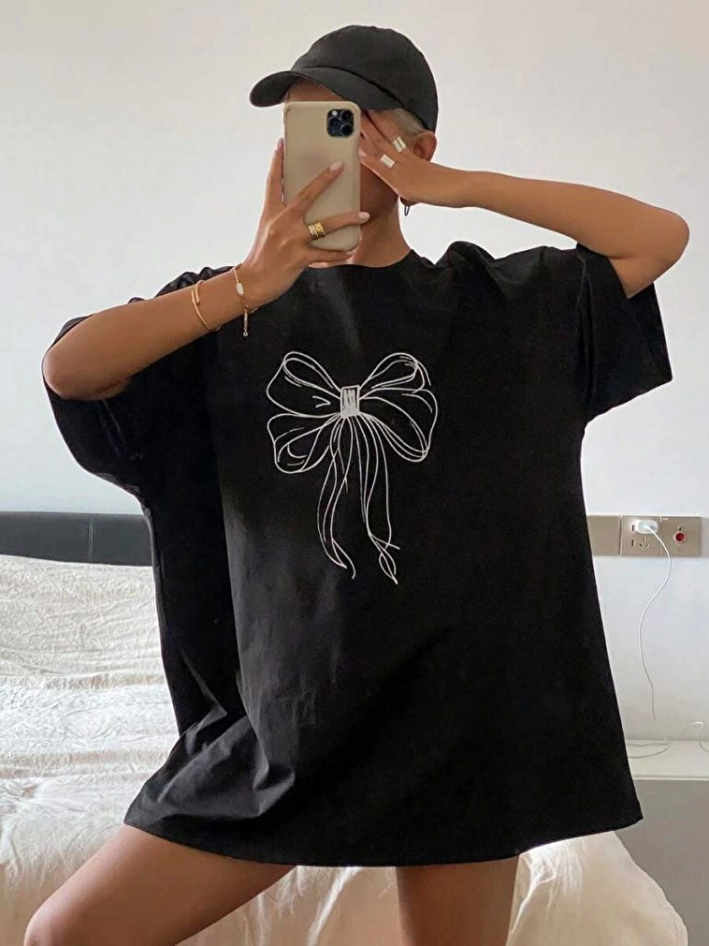 Baskılı Oversize T-shirt - Siyah-1