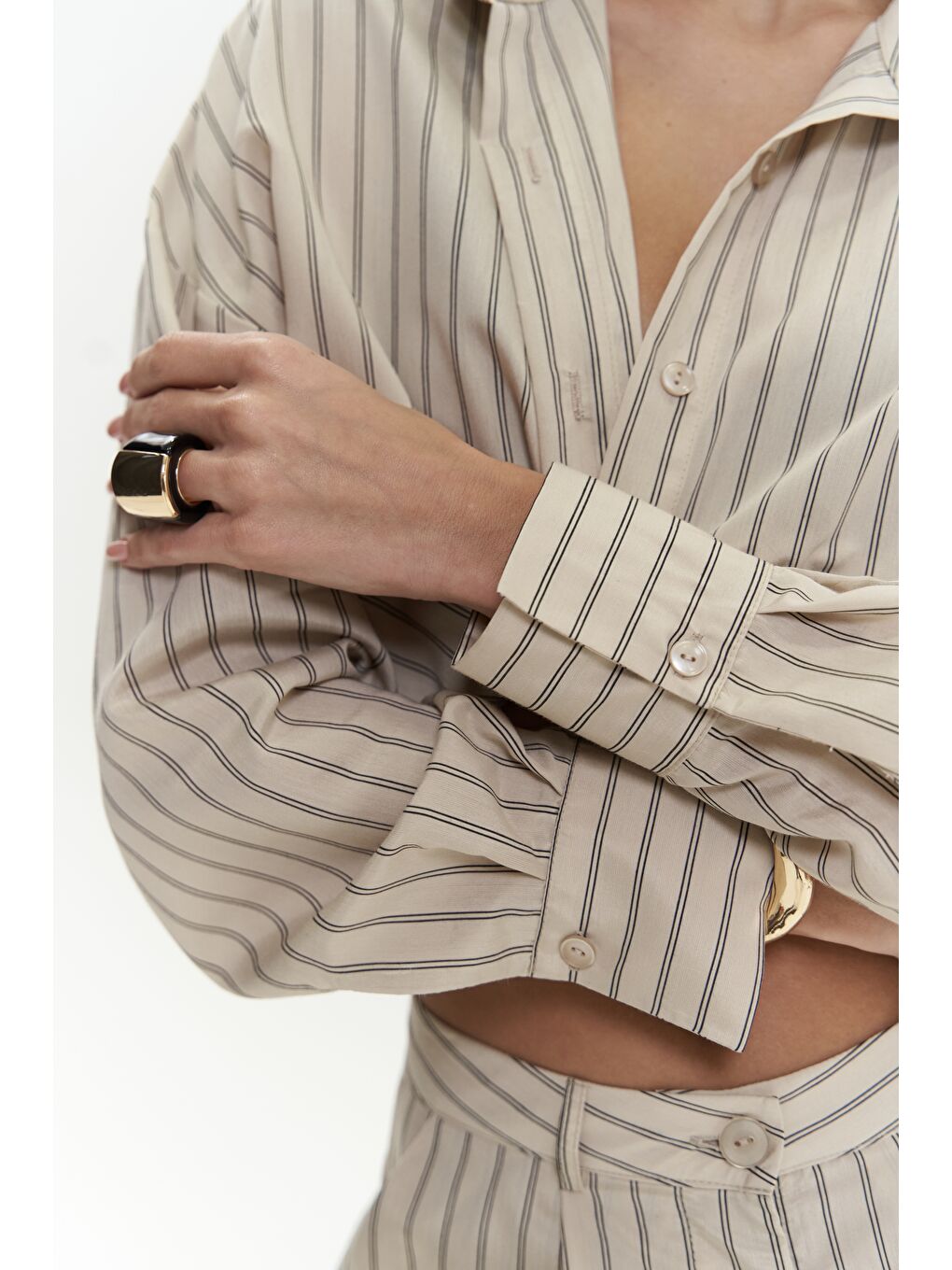 Berlin Çizgili Bej Gömlek Pantolon Takım-3