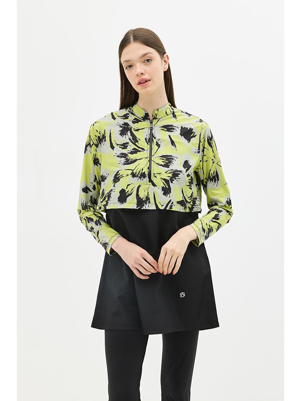 Modern Desen Detaylı Tam Kapalı Tesettür Mayo 4111 Sarı/Siyah-1