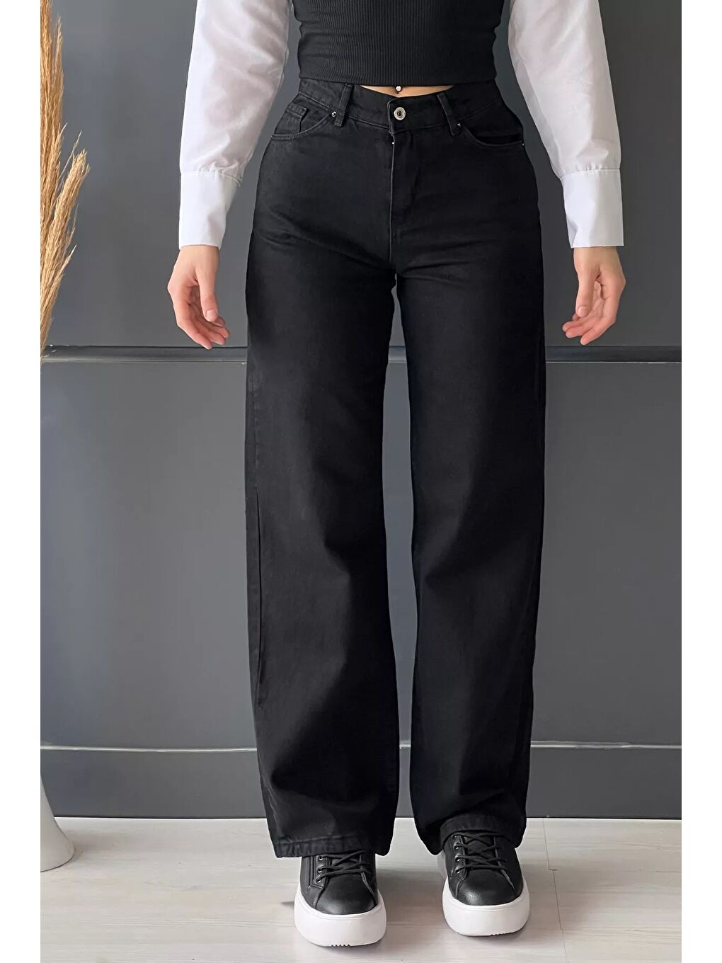 Siyah Kadın Bol Paça Yüksek Bel Jean Pantolon-1