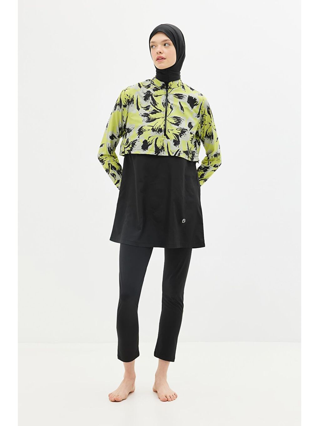 Modern Desen Detaylı Tam Kapalı Tesettür Mayo 4111 Sarı/Siyah-4