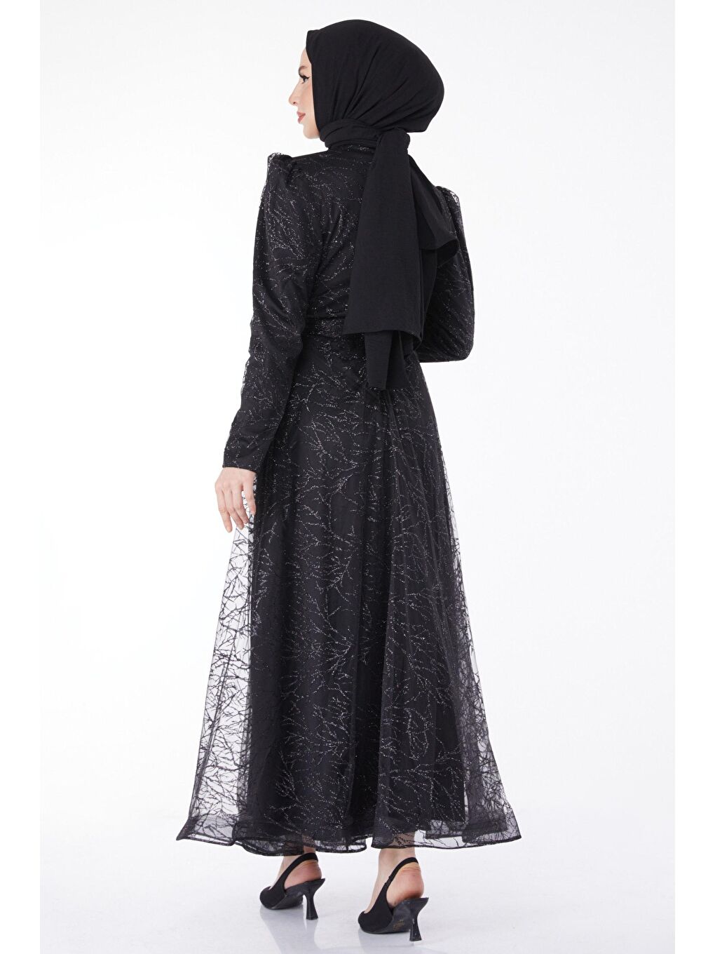 Hakim Yaka Kadın Siyah Işıltılı Simli Abiye Elbise - 24822-4