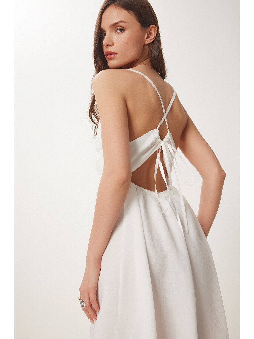 Beyaz Sırt Dekolteli Yazlık Poplin Elbise KEMİK LDP0043-4