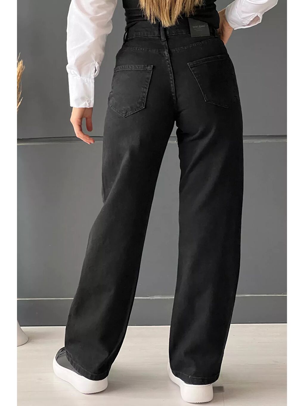 Siyah Kadın Bol Paça Yüksek Bel Jean Pantolon-2