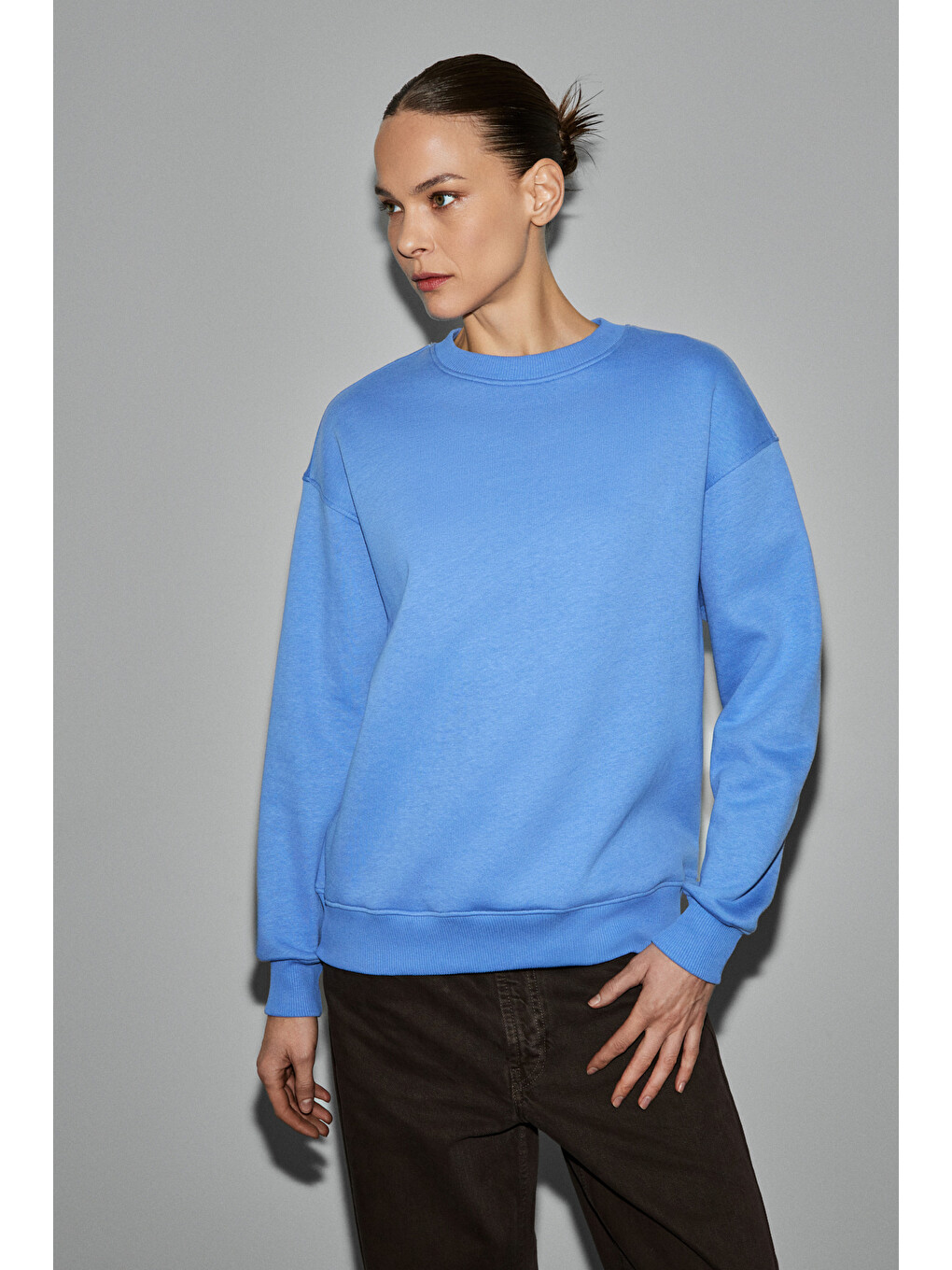 Vaneltına Kadın Organik Pamuklu Yumuşacık İçi Polarlı Yuvarlak Yakalı Mavi Sweatshirt-2