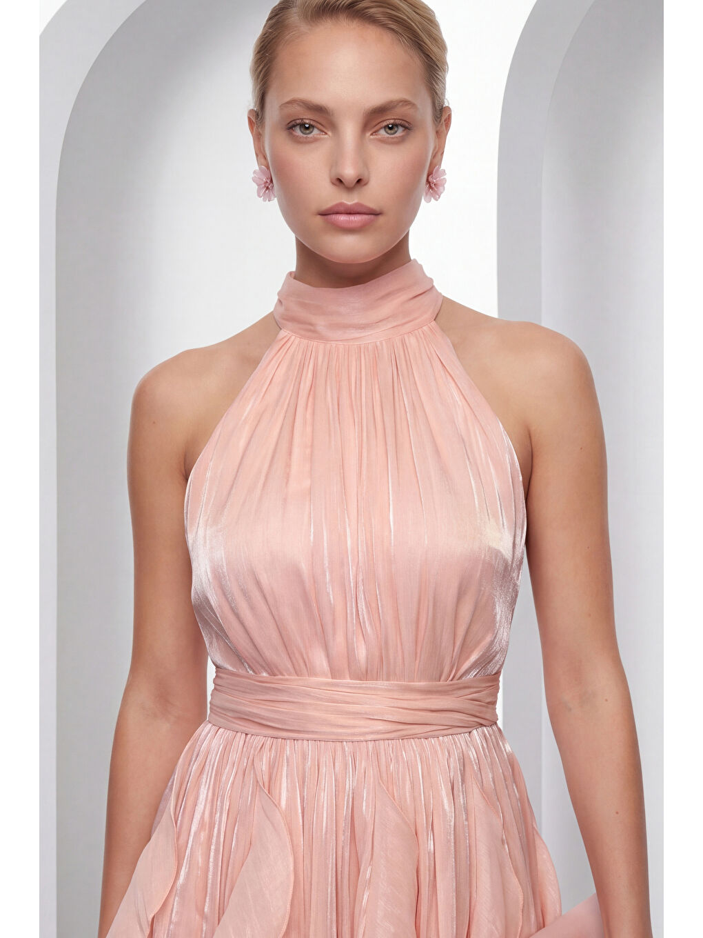 Pembe Kadın Pudra Halter Yaka Volanlı Mini Mezuniyet Elbise-2