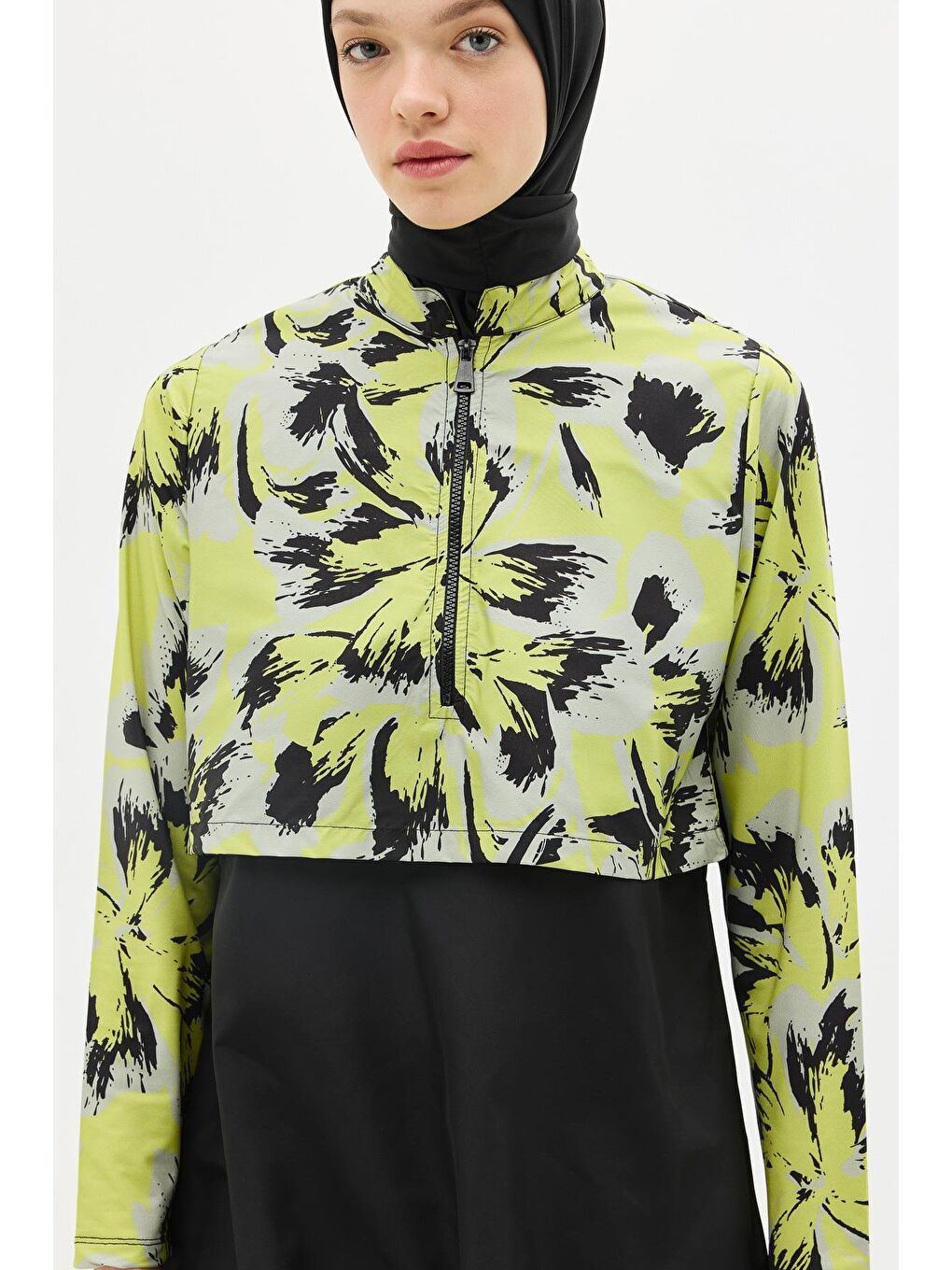 Modern Desen Detaylı Tam Kapalı Tesettür Mayo 4111 Sarı/Siyah-6