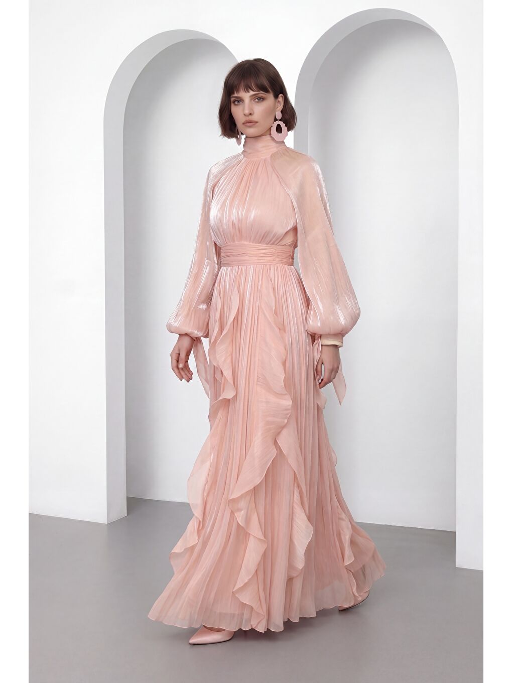 Kadın Pembe Hakim Yaka Volanlı Uzun Kol Davet Elbisesi