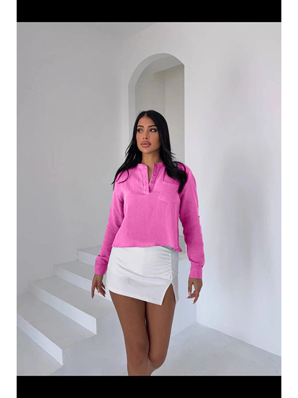 Kadın Pembe Hakim Yaka Müslin Gömlek Bluz HZL25S-DSB1515-1