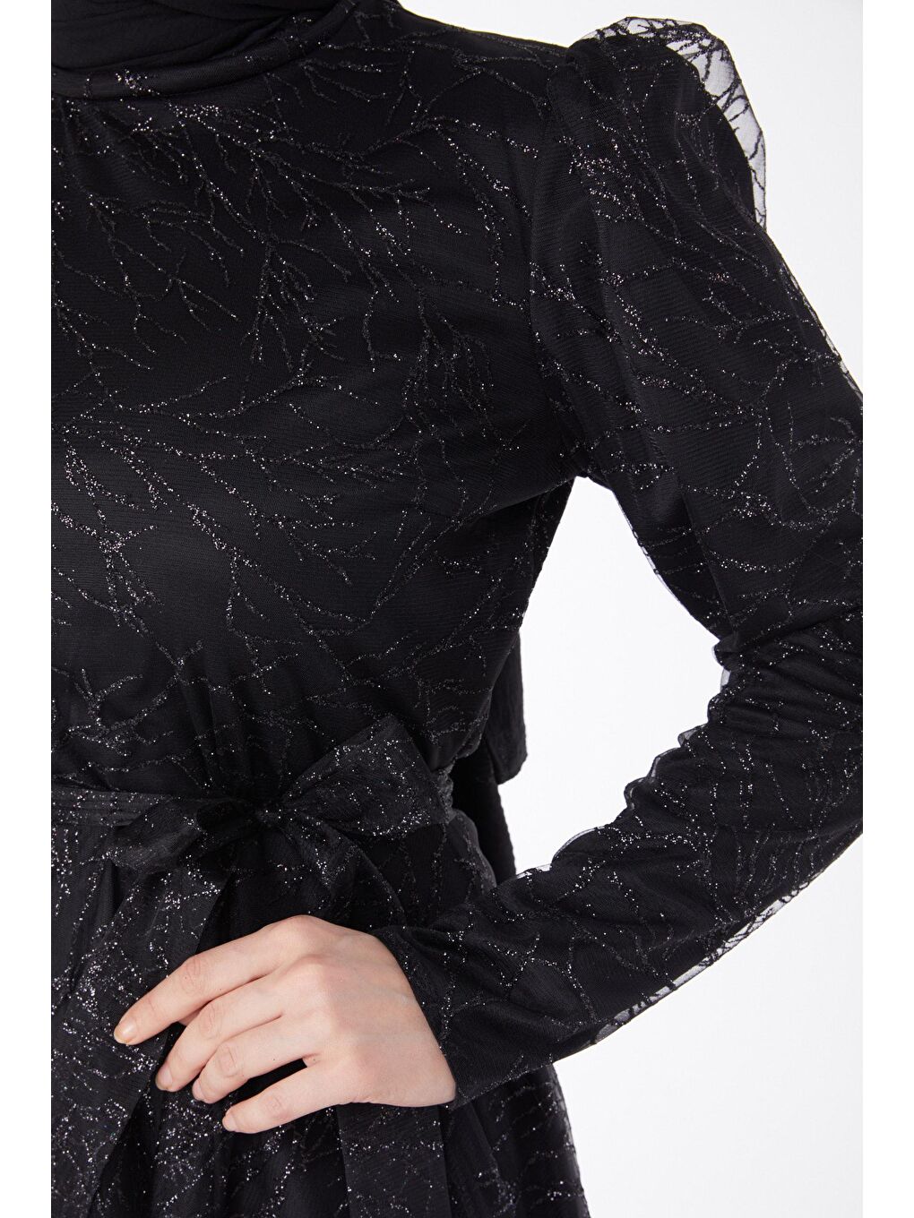 Hakim Yaka Kadın Siyah Işıltılı Simli Abiye Elbise - 24822-5