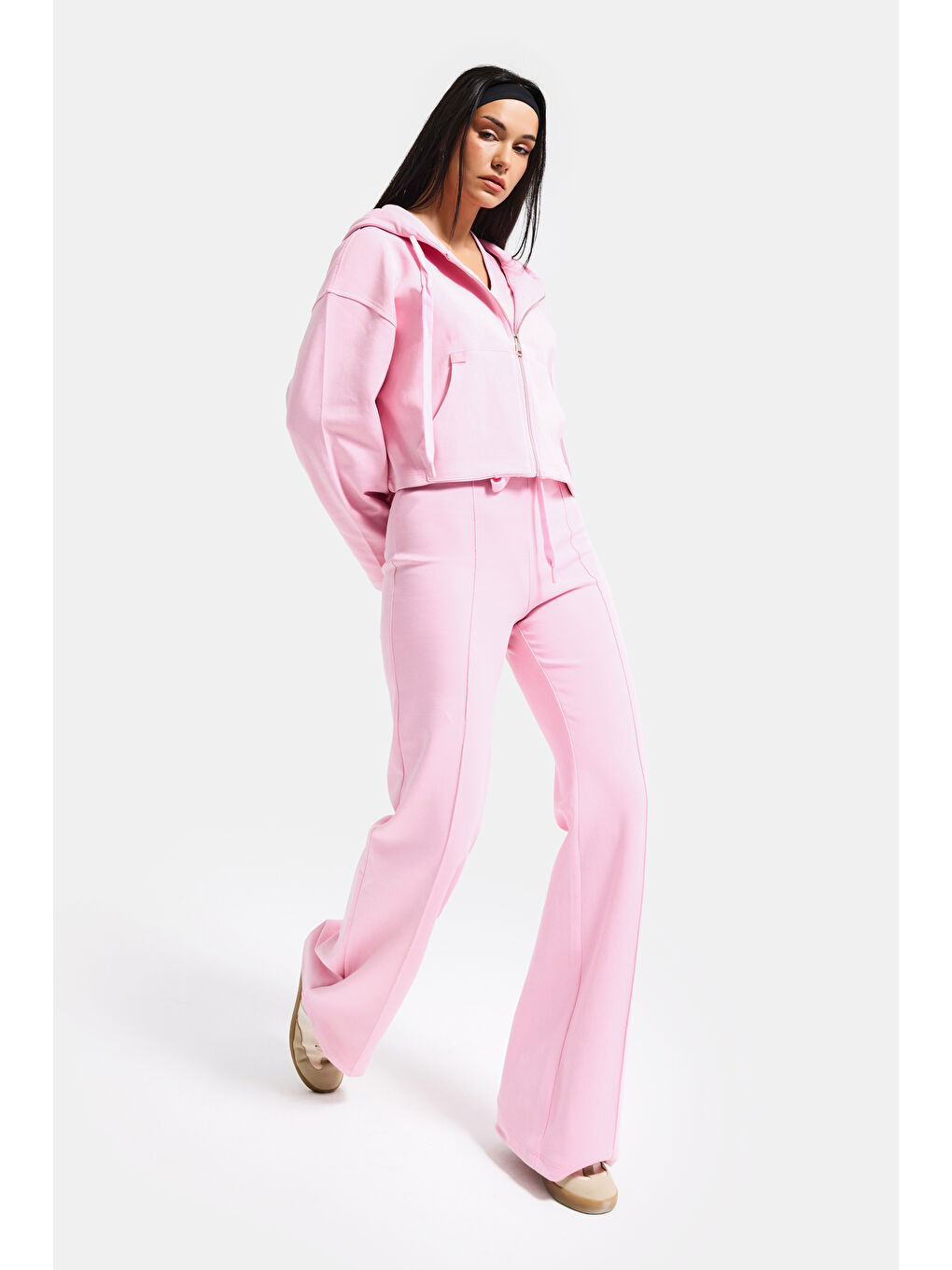 Kadın Pembe s6-98 Örme Kumaş Flare Eşofman Büstiyer ve Fermuarlı Sweatshirt 3'lü Kombin Takım-2