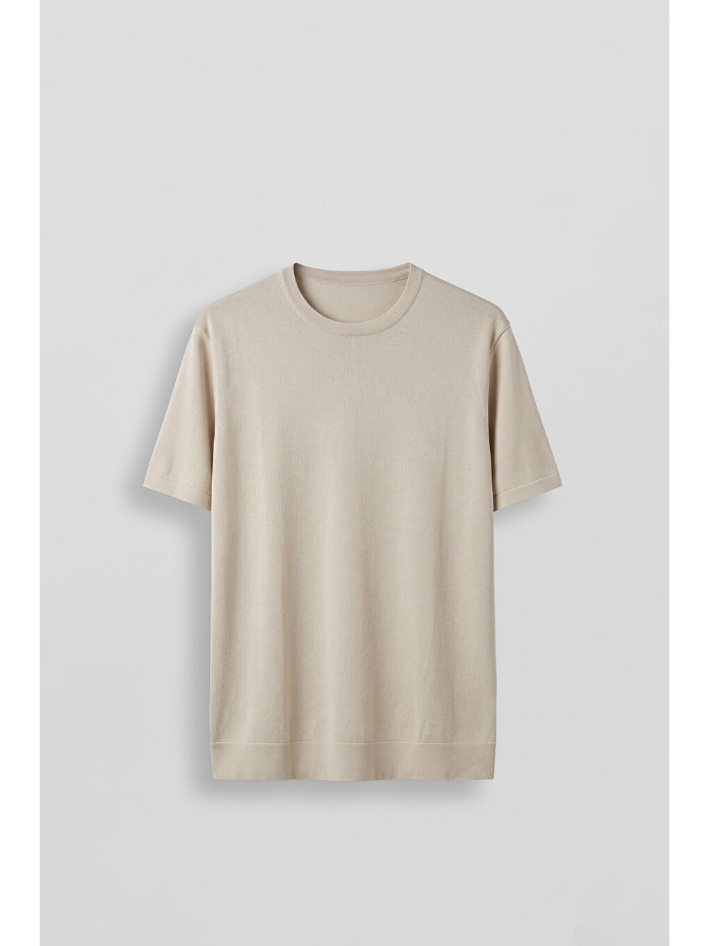 Erkek Slim Fit Triko Bisiklet Yaka Basic T-Shirt Bej