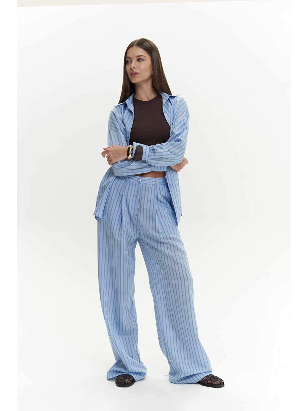 Berlin Çizgili Mavi Gömlek Pantolon Takım