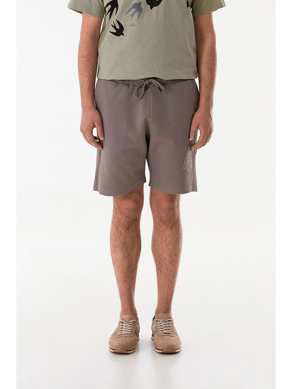 Kahverengi A Nakışlı Beli Bağlamalı Cepli Şort-2