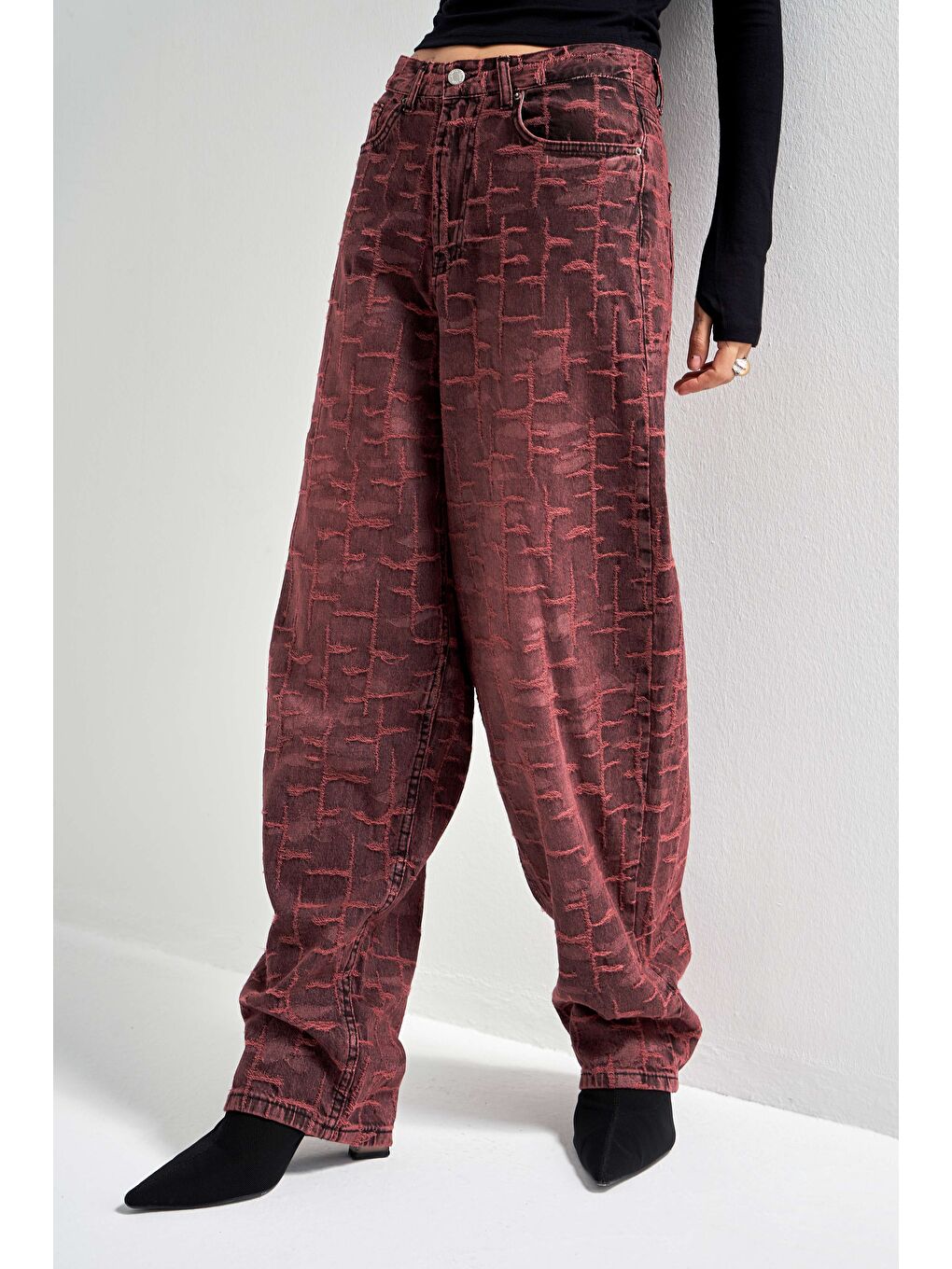 Kadın Bordo 4w5-151 Skater Fit Özel Kumaş Tasarım Denim Jean