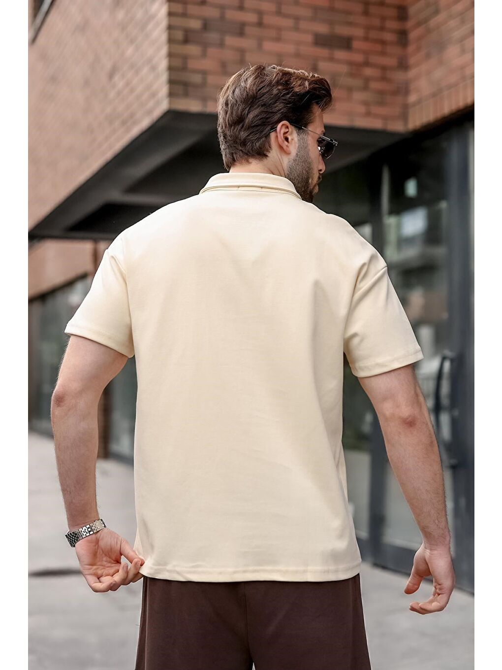 Bej Polo Yaka Oversize Erkek Tişört E7185-3