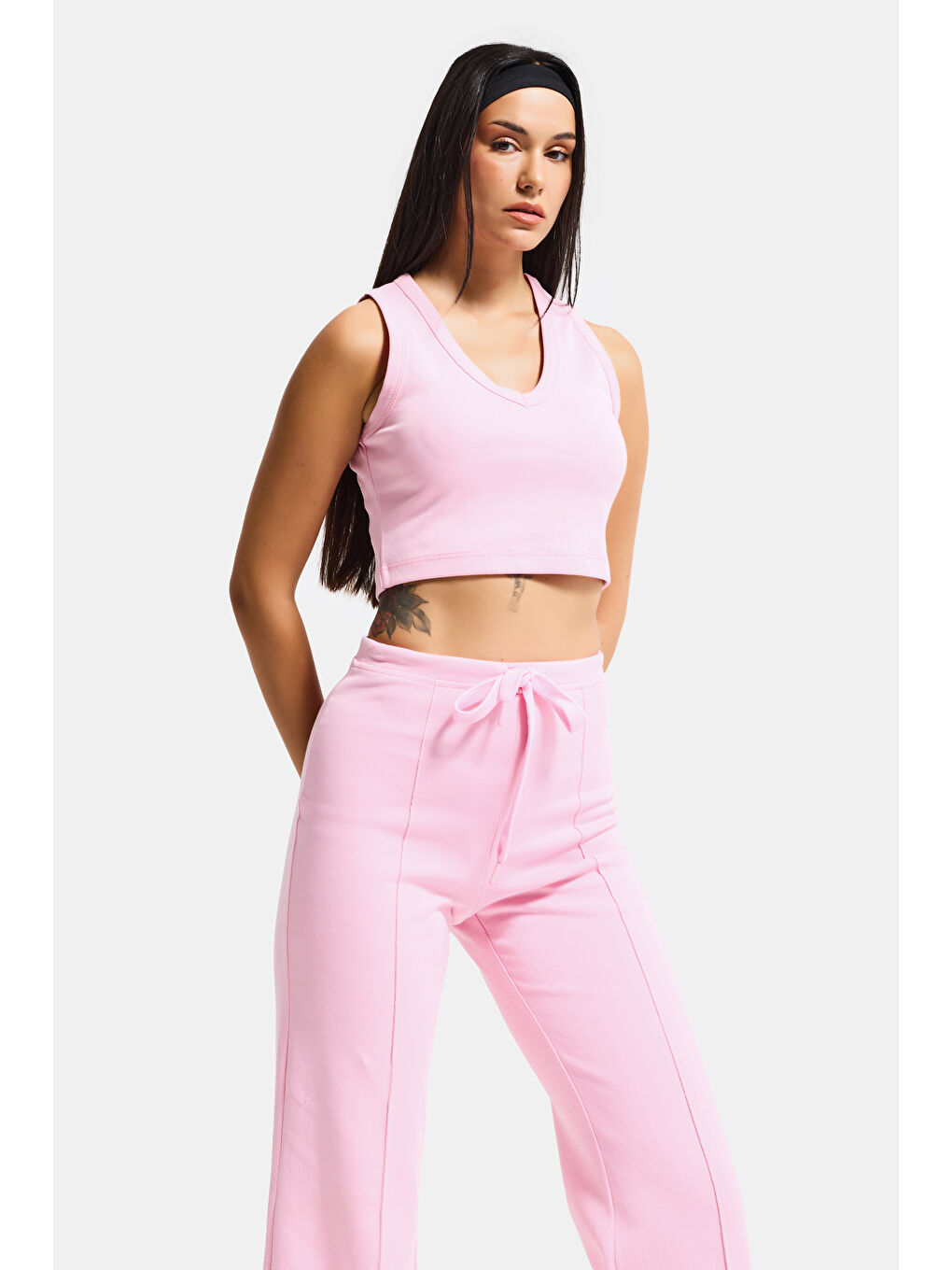 Kadın Pembe s6-98 Örme Kumaş Flare Eşofman Büstiyer ve Fermuarlı Sweatshirt 3'lü Kombin Takım-3