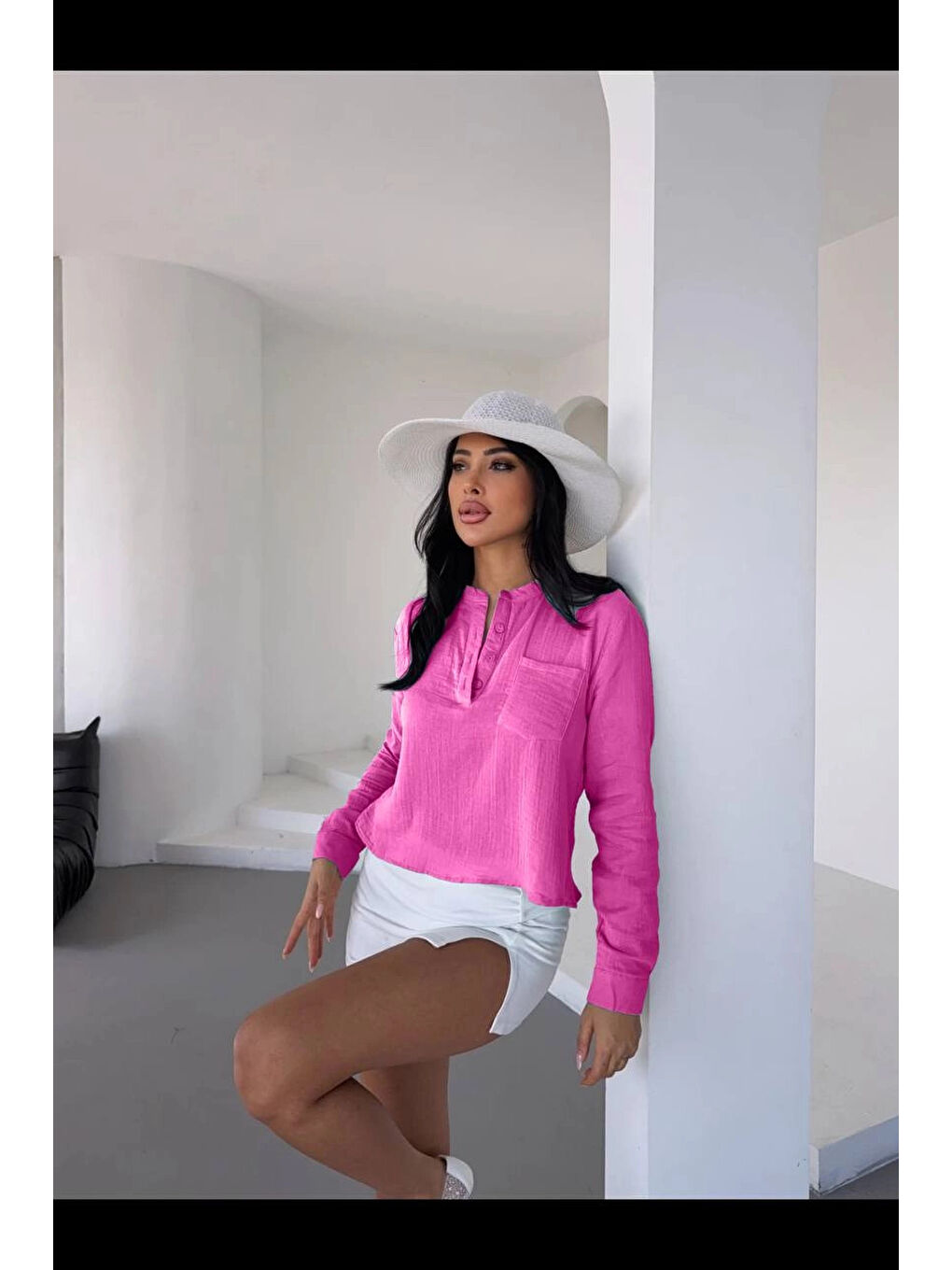 Kadın Pembe Hakim Yaka Müslin Gömlek Bluz HZL25S-DSB1515-2