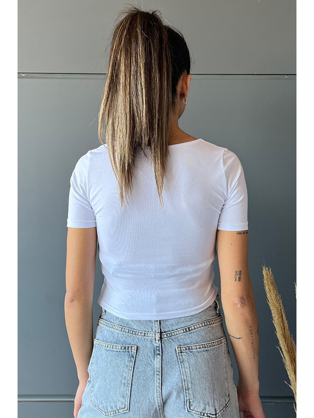 Beyaz Kare Yaka Crop Top Body Bluz-3