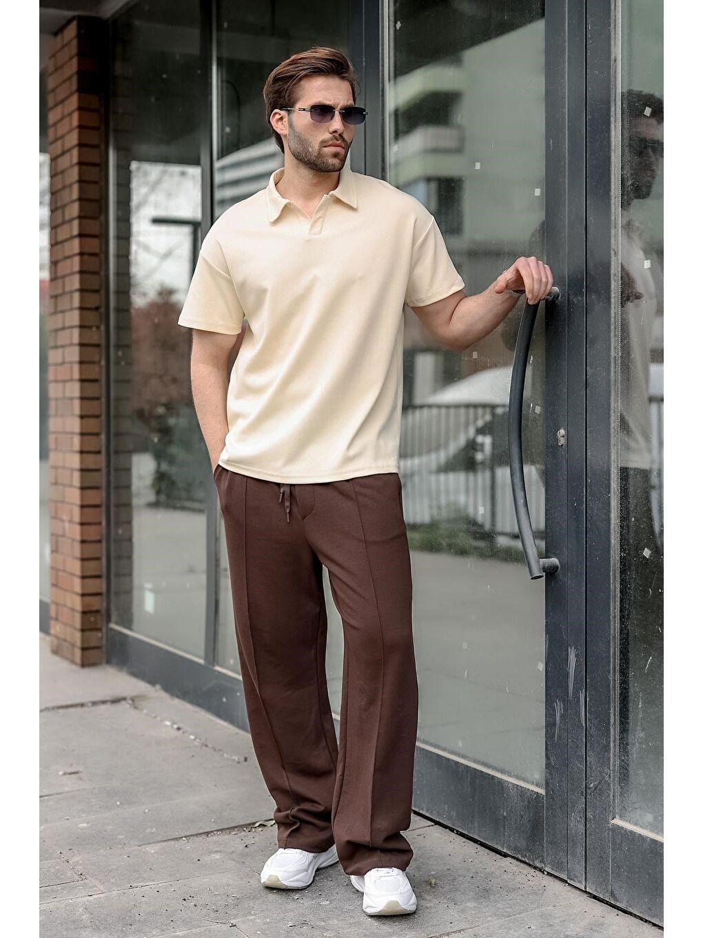 Bej Polo Yaka Oversize Erkek Tişört E7185-4