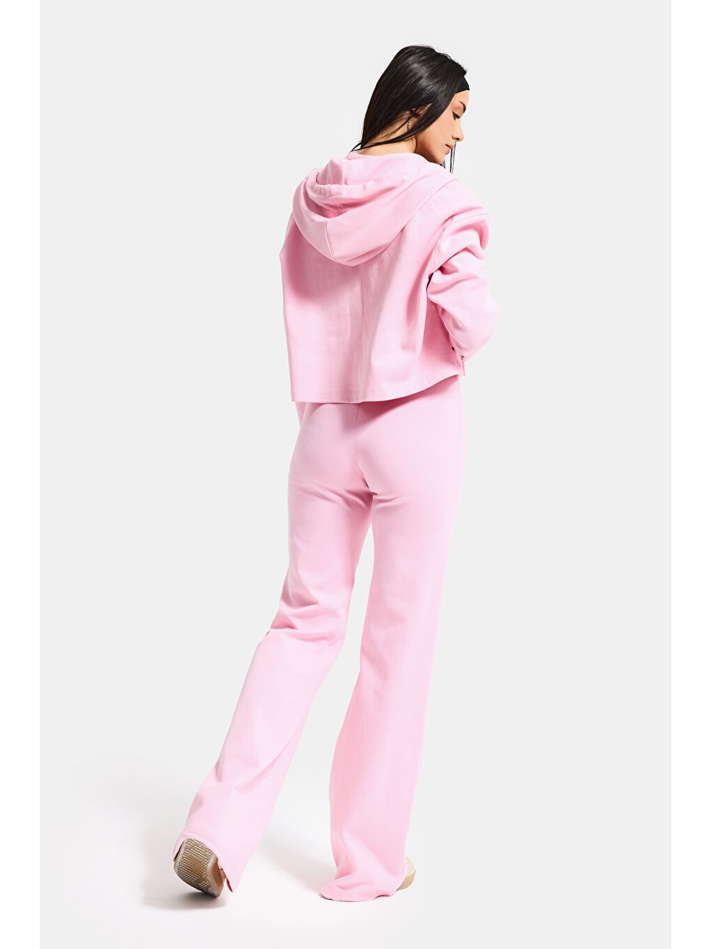 Kadın Pembe s6-98 Örme Kumaş Flare Eşofman Büstiyer ve Fermuarlı Sweatshirt 3'lü Kombin Takım-4
