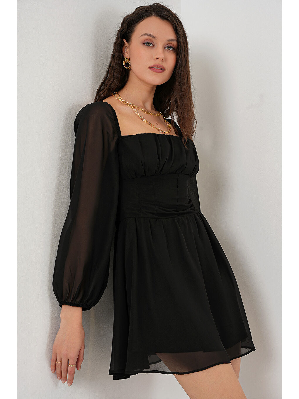 Kadın Mini Tül Elbise 2514 - Siyah-3