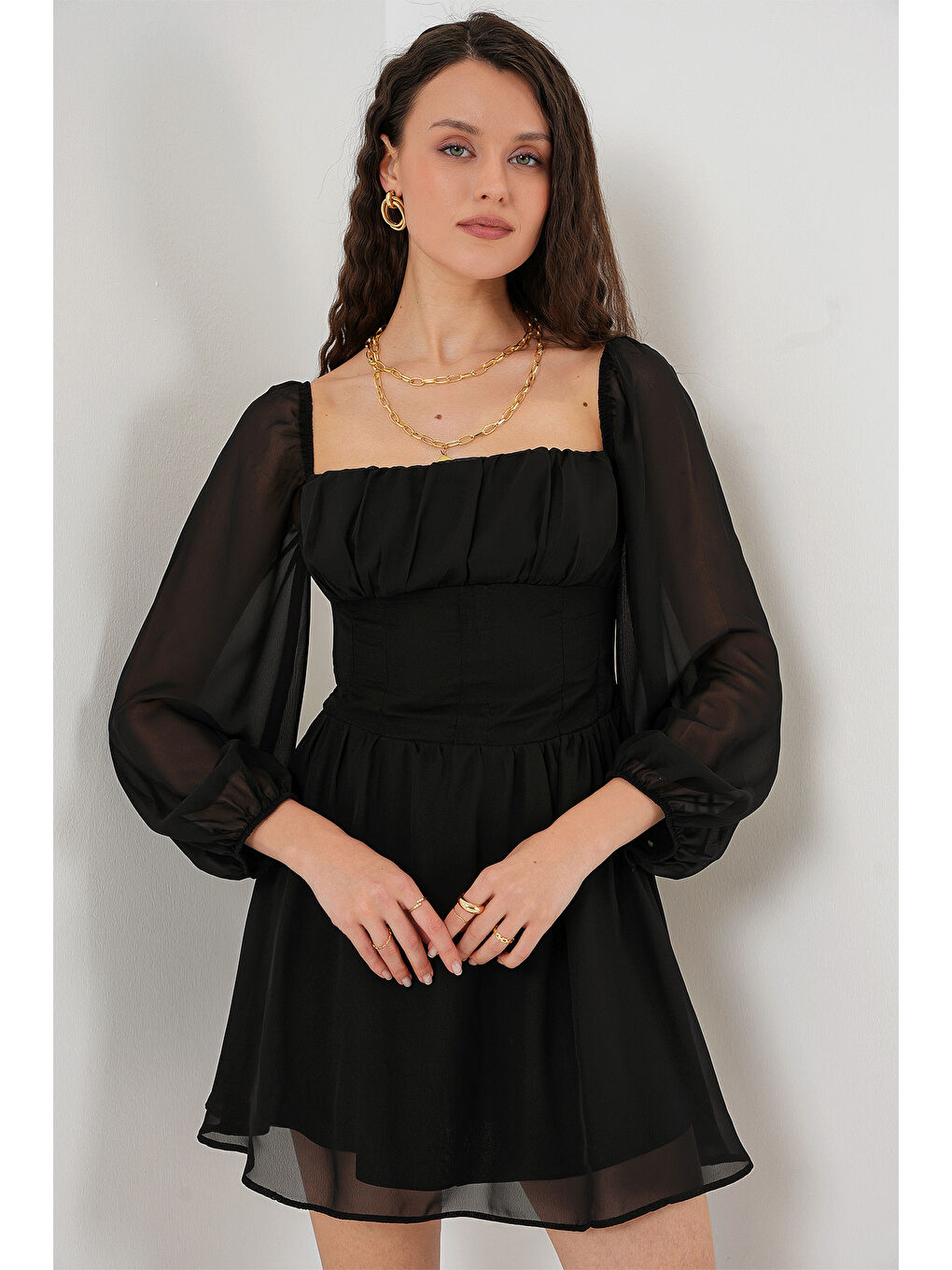 Kadın Mini Tül Elbise 2514 - Siyah-4