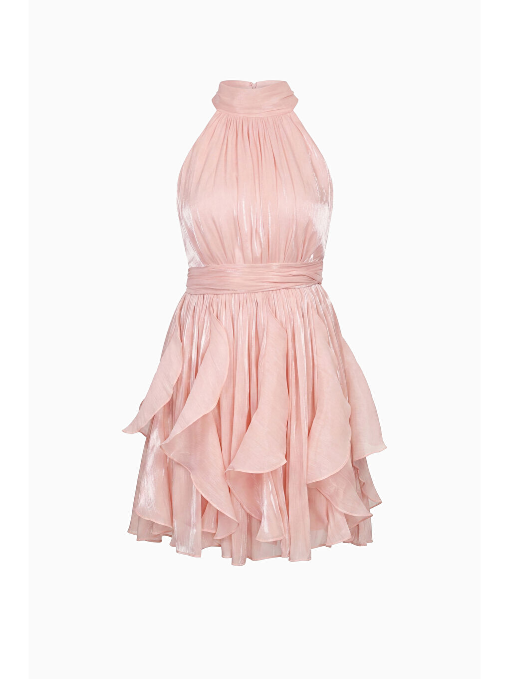 Pembe Kadın Pudra Halter Yaka Volanlı Mini Mezuniyet Elbise-6