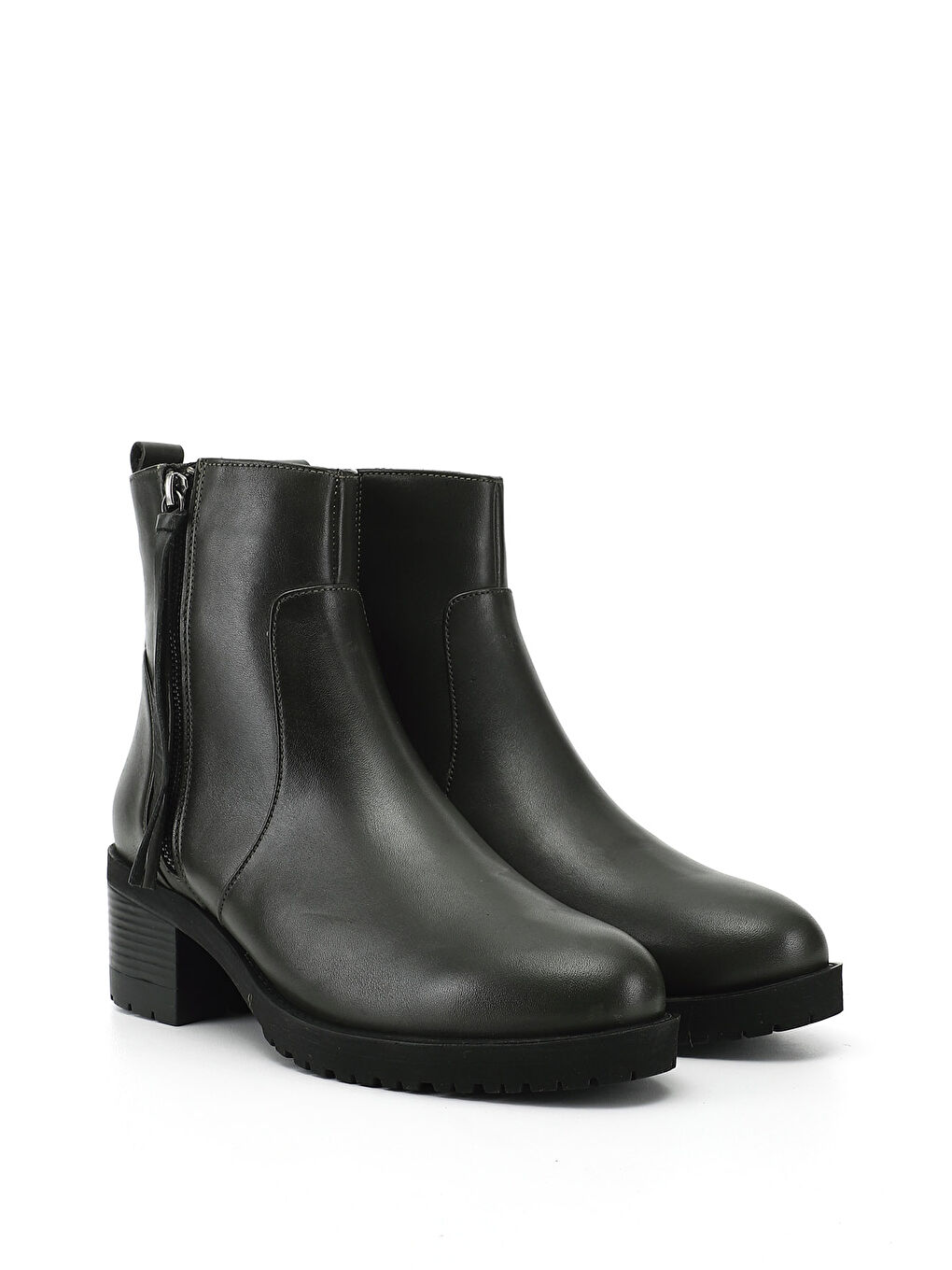 Kadın HAKİ-YEŞİL Çift Fermuarlı Kalın Topuklu Hakiki Deri Bot-2