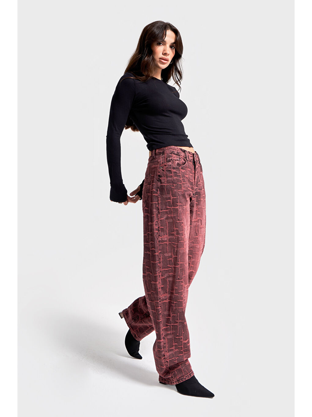 Kadın Bordo 4w5-151 Skater Fit Özel Kumaş Tasarım Denim Jean-1