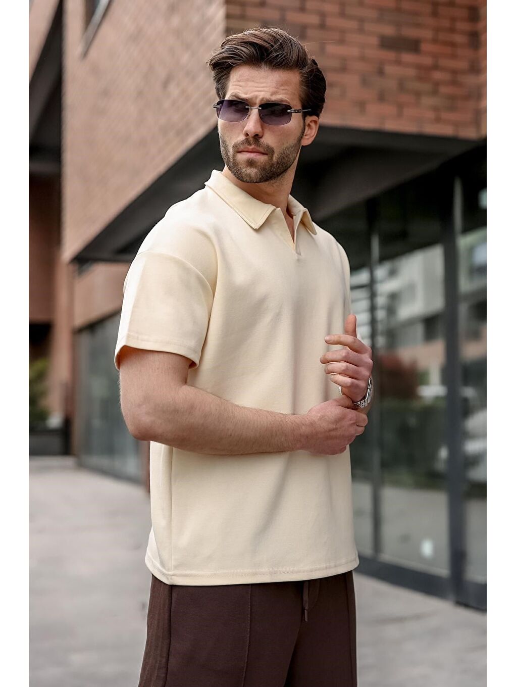 Bej Polo Yaka Oversize Erkek Tişört E7185-5