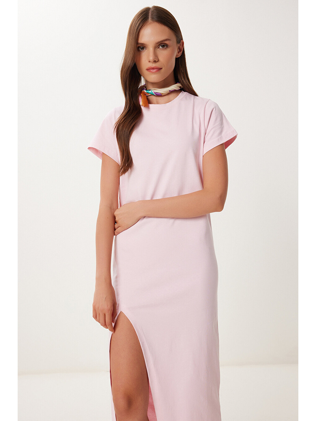 Pembe Yırtmaçlı Esnek Örme Midi Elbise ŞEKER PEMBE LUB0123-2
