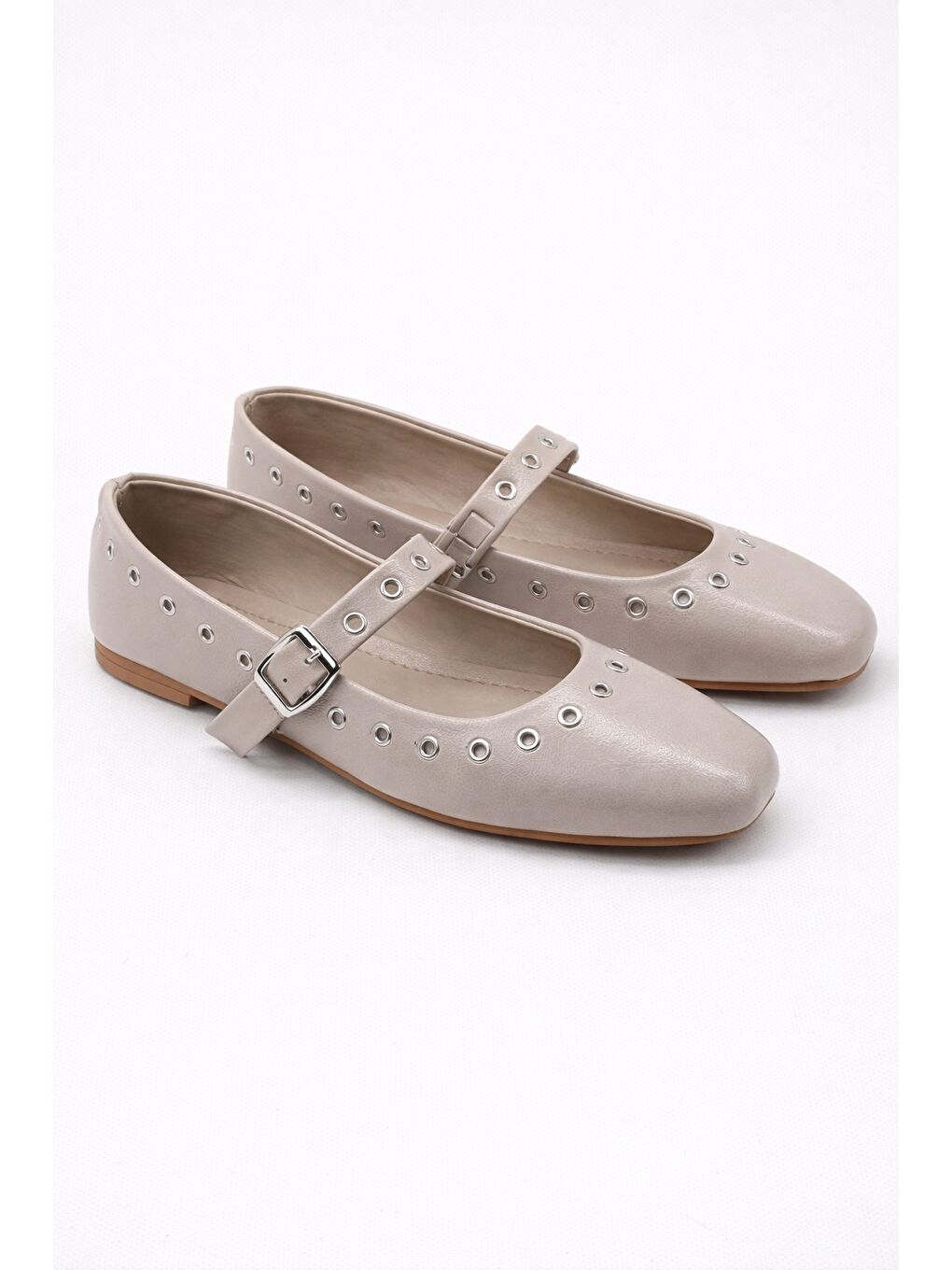 Bej SH-900 Zımbalı Babet Günlük Kadın Ayakkabı Mary Jane Ev Babeti